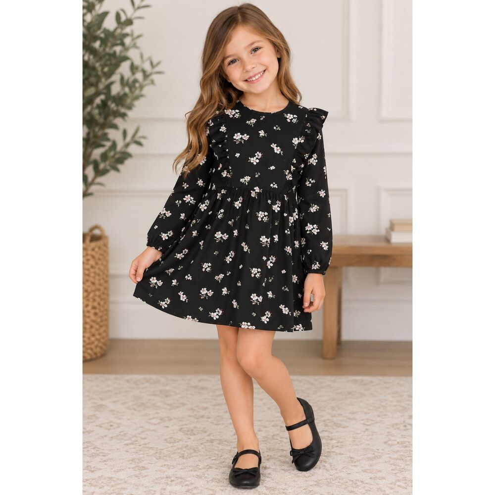 Okie Dokie Girls Size 6 Black Floral Ruffle Long Sleeve Dress
